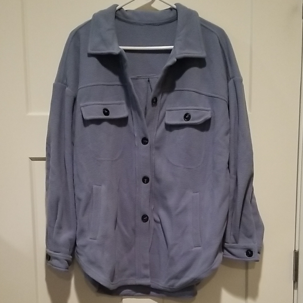 Women's Blue Button-Up Jacket Large Shacket Mid Length Soft Warm Cozy Fleece New